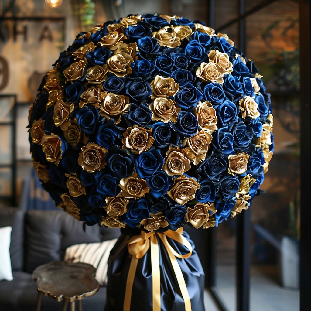 Preserved Blue and Gold Roses Flower Bouquet - Imaginary Worlds