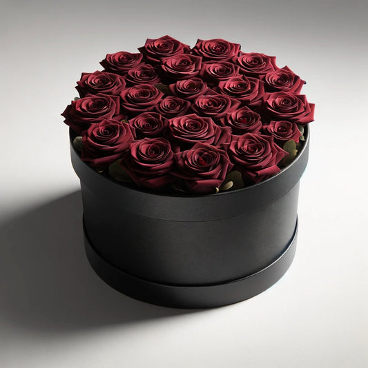 Preserved Burgundy Roses in Black Round Box - Imaginary Worlds