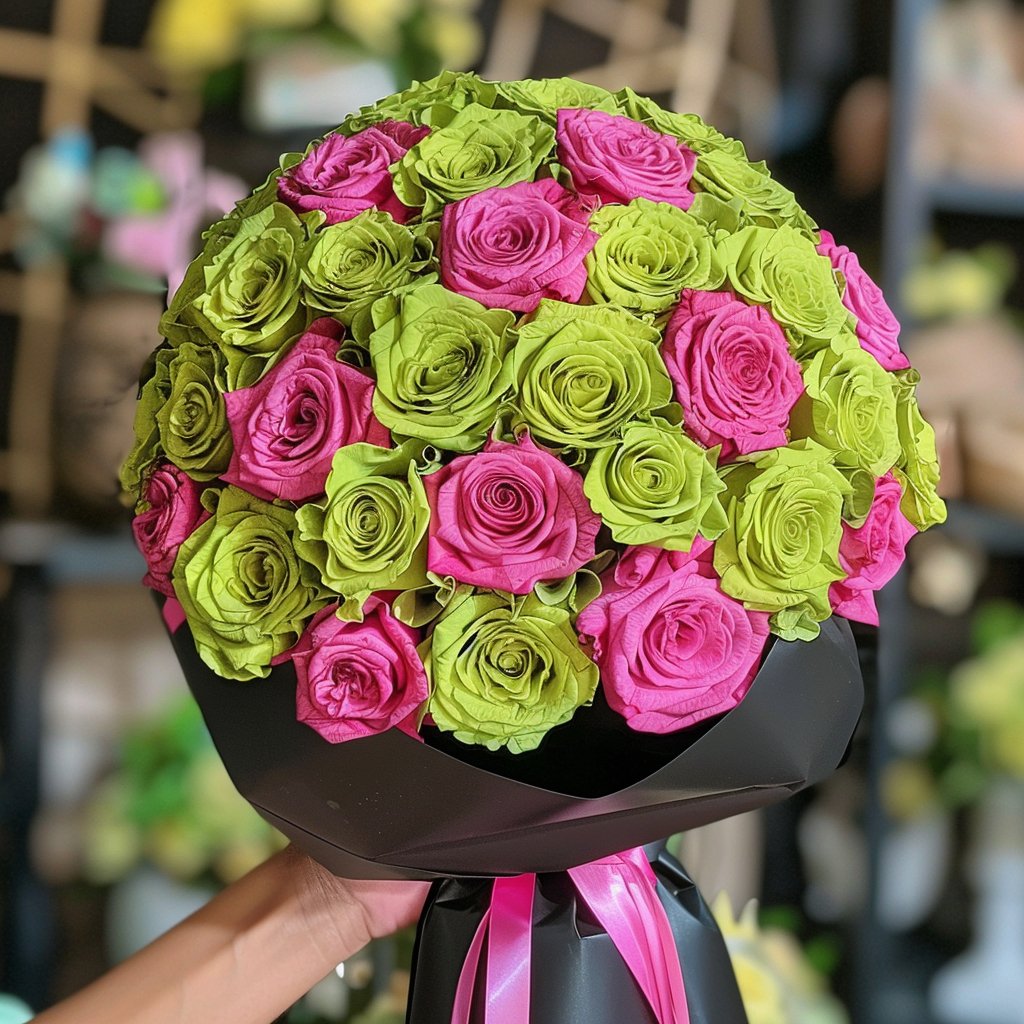 Preserved Green and Pink Roses Flower Bouquet - Imaginary Worlds