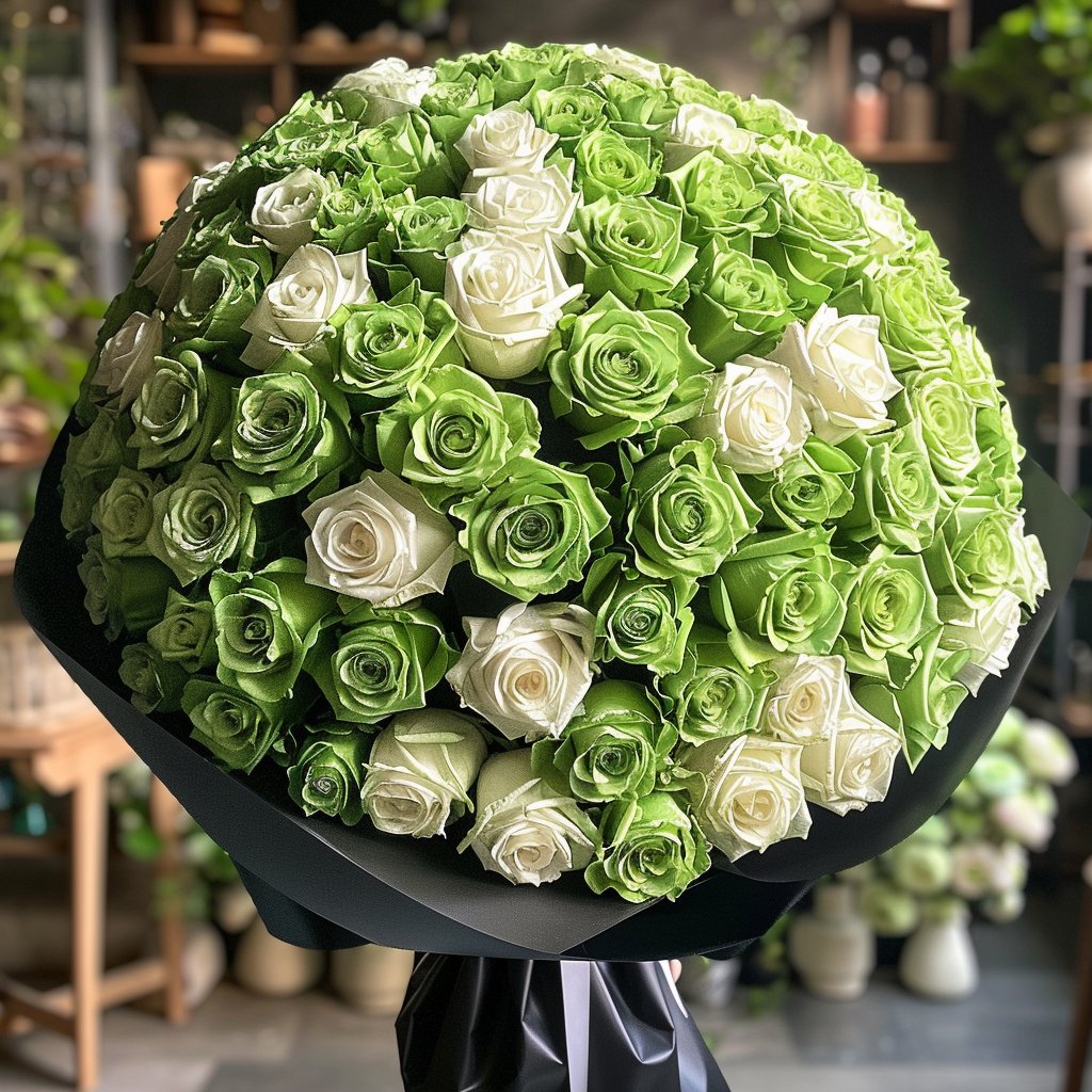 Preserved Green and White Roses Flower Bouquet - Imaginary Worlds