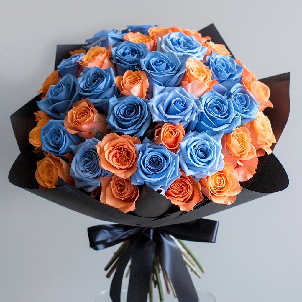 Preserved Orange and Blue Roses Flower Bouquet - Imaginary Worlds