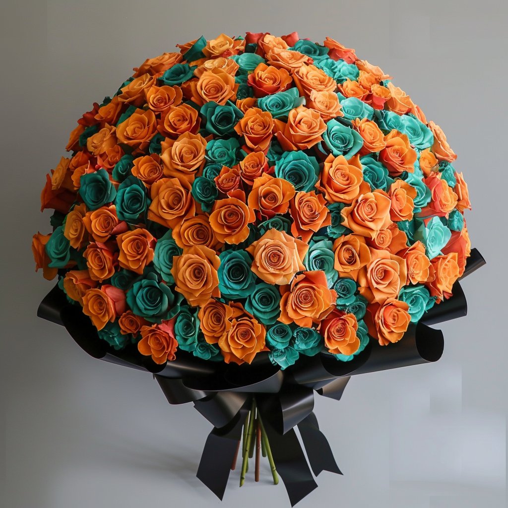 Preserved Orange and Teal Roses Flower Bouquet - Imaginary Worlds