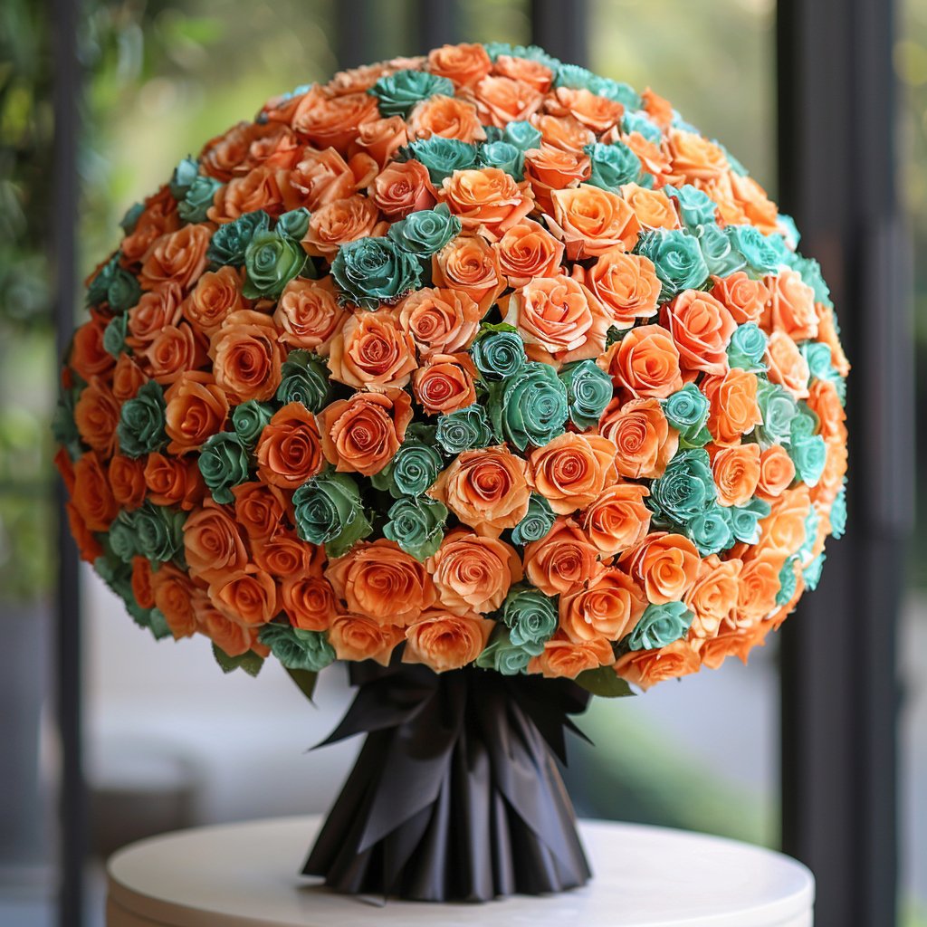 Preserved Orange and Teal Roses Flower Bouquet - Imaginary Worlds