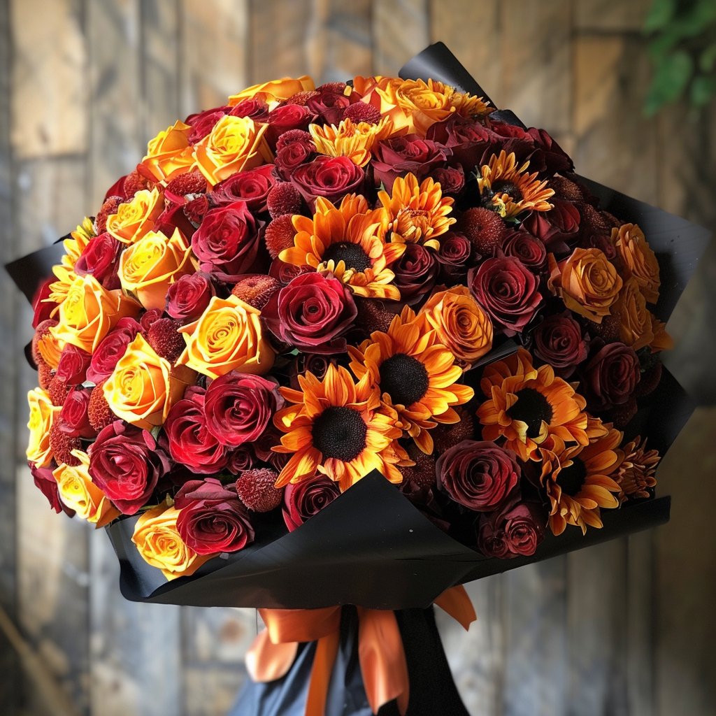 Preserved Red and Orange Roses with Yellow Sunflowers Bouquet - Imaginary Worlds