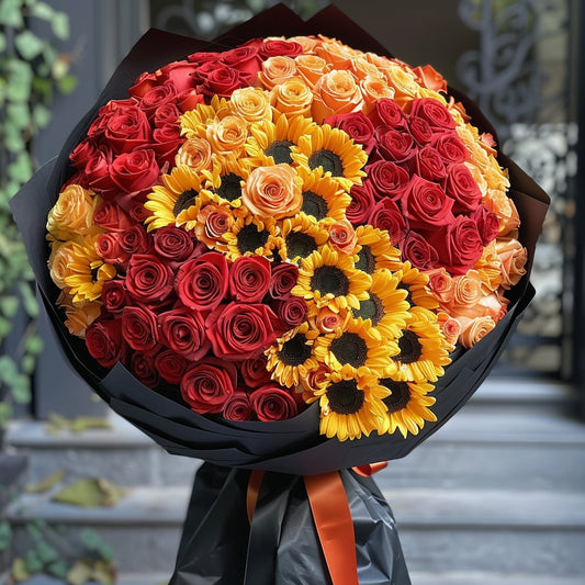 Preserved Red and Orange Roses with Yellow Sunflowers Bouquet - Imaginary Worlds