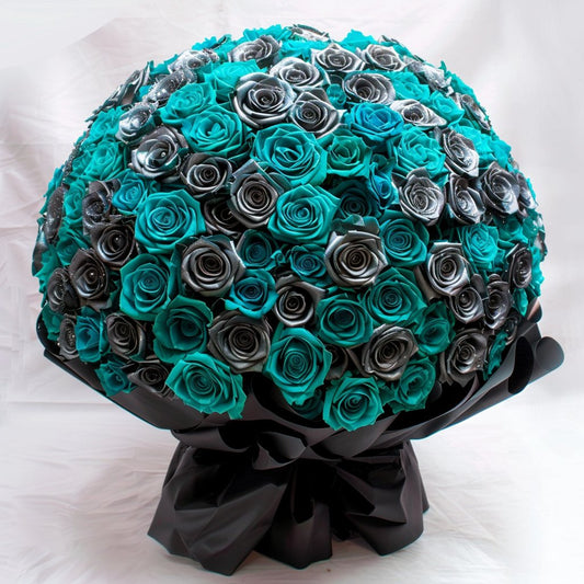 Preserved Silver and Teal Roses Flower Bouquet - Imaginary Worlds