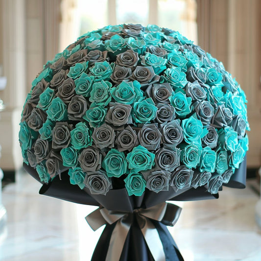 Preserved Silver and Teal Roses Flower Bouquet - Imaginary Worlds