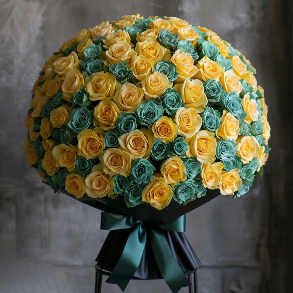 Preserved Yellow and Teal Roses Flower Bouquet - Imaginary Worlds