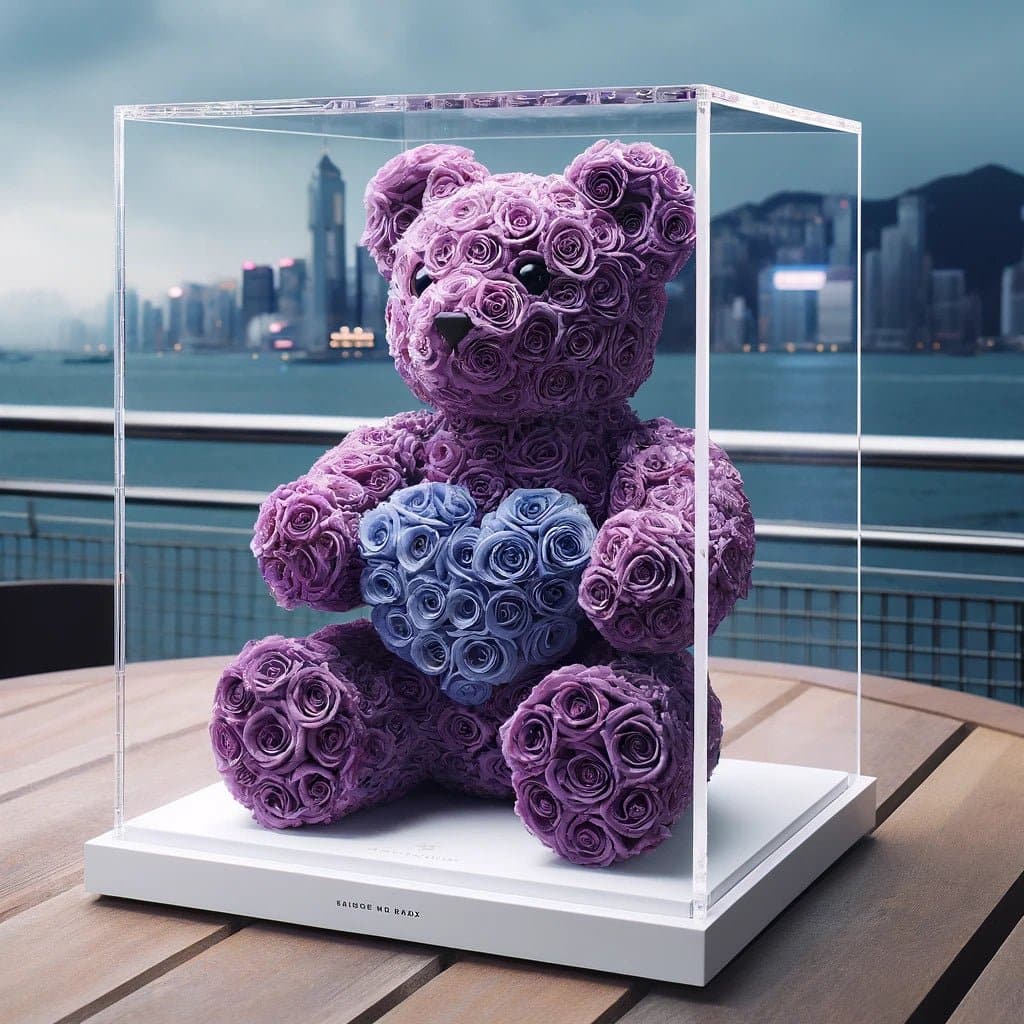 Purple Rose Bear with Blue Roses Heart - Imaginary Worlds