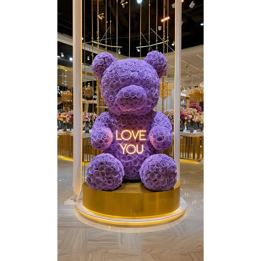 Purple Rose Bear with Neon "I Love You" Message - Imaginary Worlds