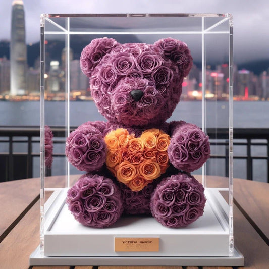 Purple Rose Bear with Orange Roses Heart - Imaginary Worlds