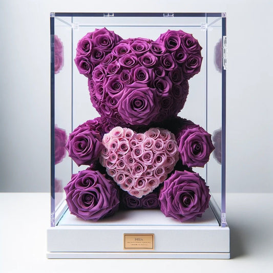 Purple Rose Bear with Pink Roses Heart - Imaginary Worlds