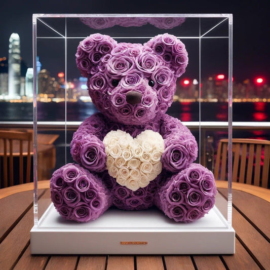 Purple Rose Bear with White Roses Heart - Imaginary Worlds