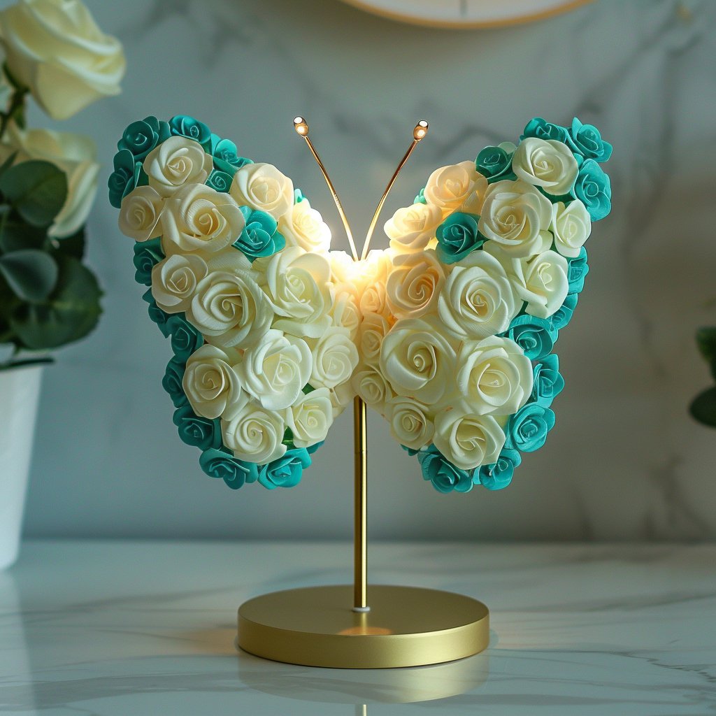 Radiant Love White and Teal Rose Butterfly Lamp - Imaginary Worlds