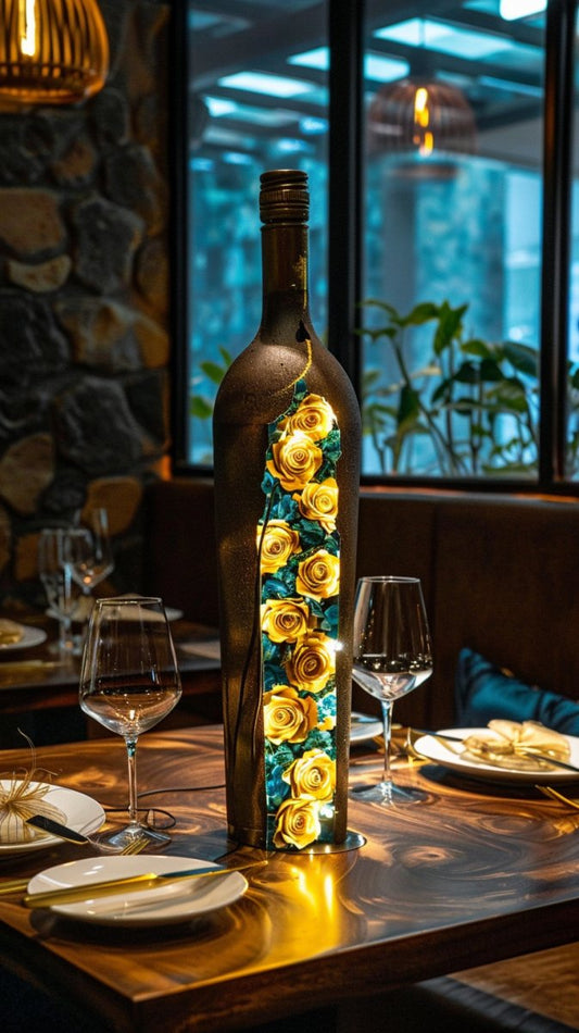 Radiant Yellow and Teal Rose Preserved Flower Wine Bottle - Imaginary Worlds