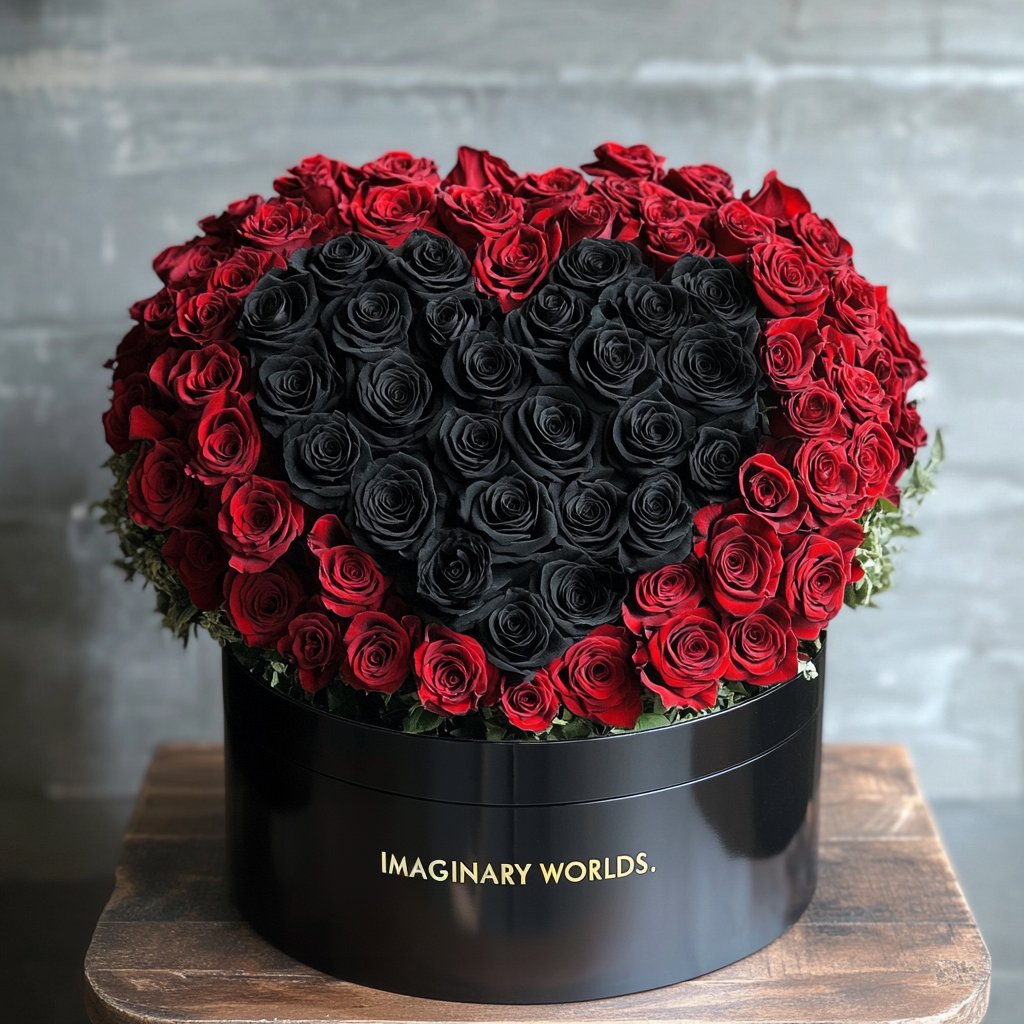 Red Ramo Buchon with Black Rose Heart – Preserved Roses at Imaginary Worlds