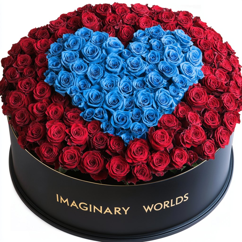 Red Ramo Red Ramo Buchon with Blue Rose Heart – Preserved Roses at Imaginary Worlds