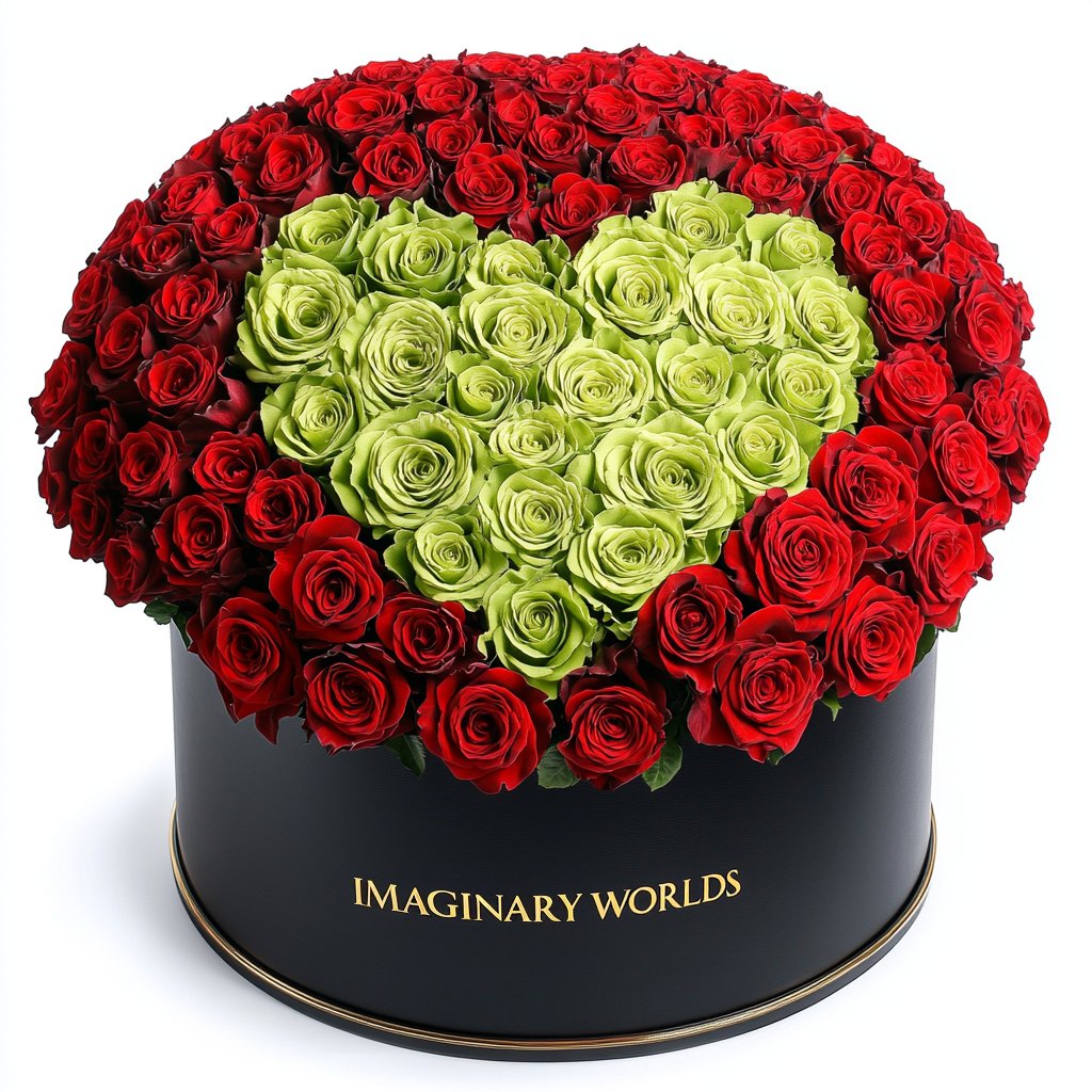 Red Ramo Red Ramo Buchon with Green Rose Heart – Preserved Roses at Imaginary Worlds