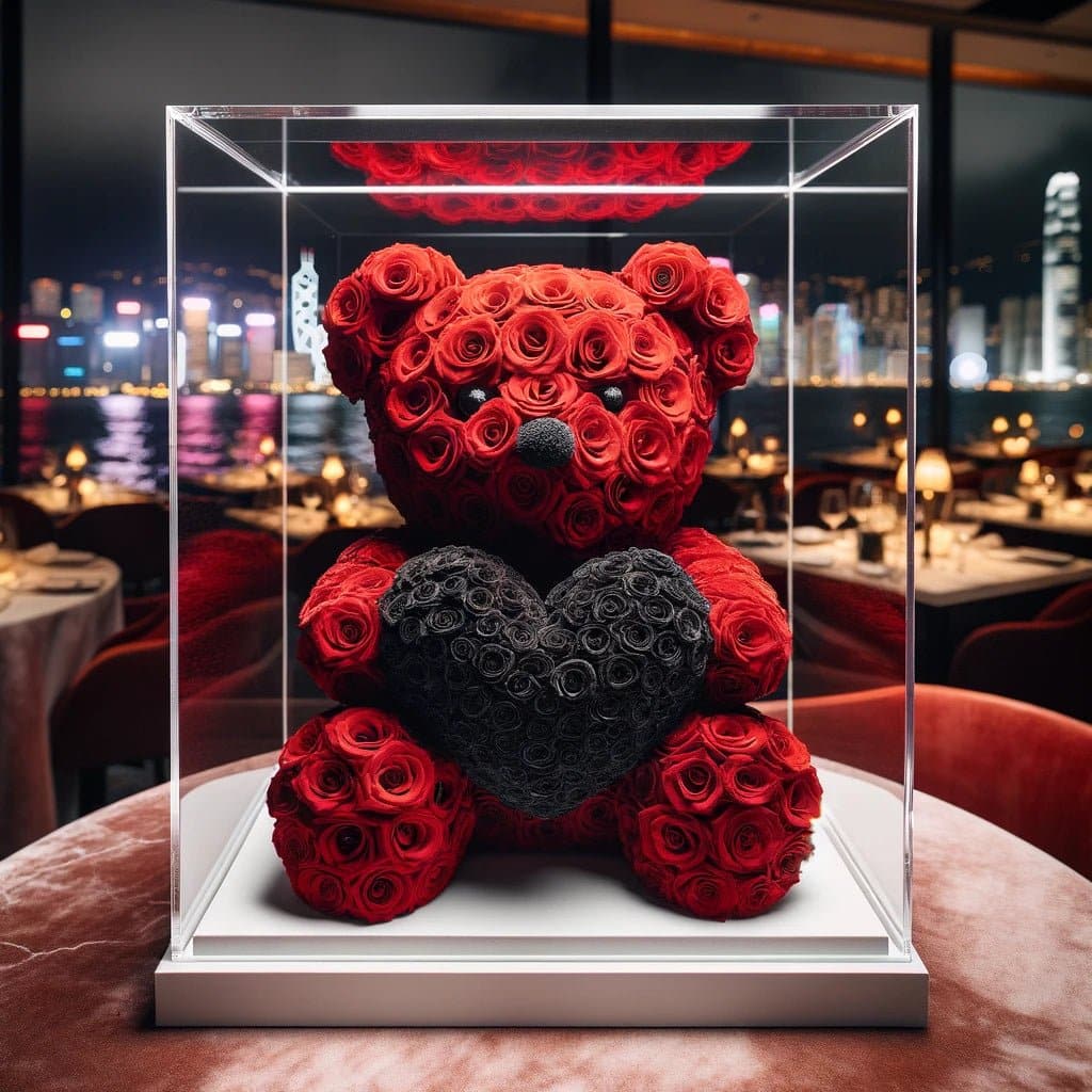 Red Rose Bear with Black Roses Heart - Imaginary Worlds