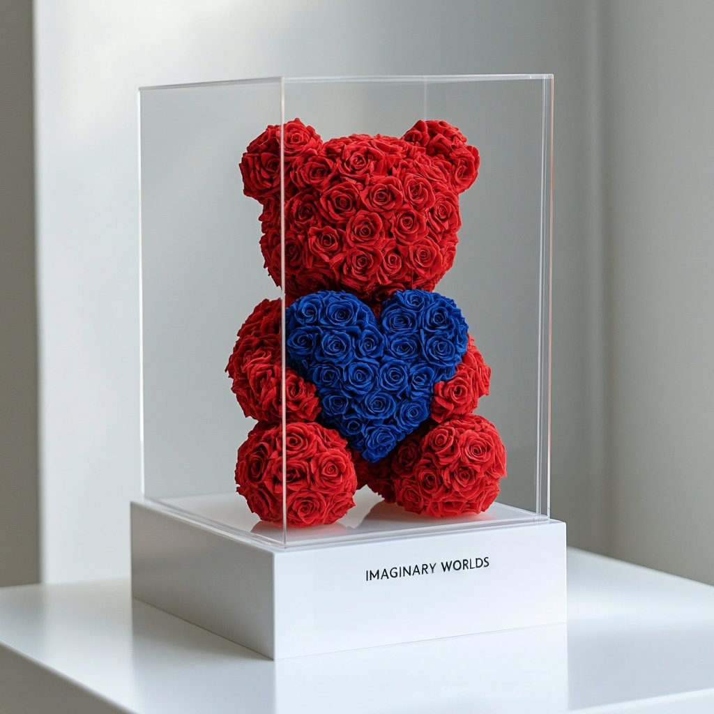 Red Rose Bear with Royal Blue Roses Heart - Imaginary Worlds