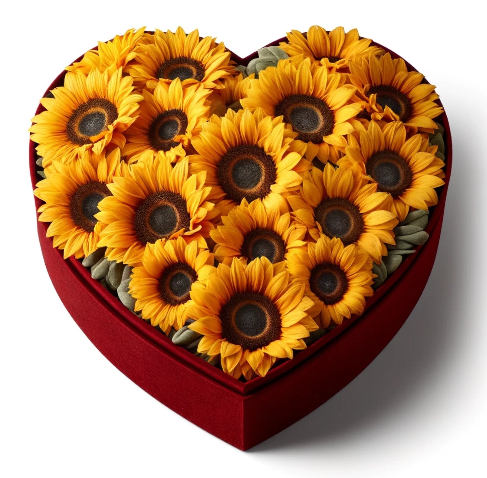 Red Velvet Heart Box with Preserved Sunflowers. - Imaginary Worlds