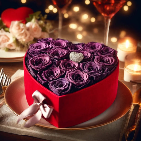 Royal Purple Forever Roses in Heart-Shaped Velvet Box - Imaginary Worlds