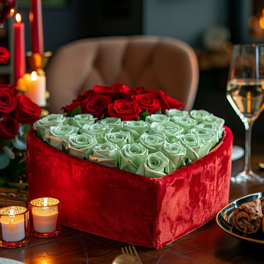 Sage Green Forever Roses in Heart-Shaped Velvet Box - Imaginary Worlds