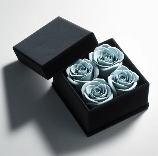 Serene Light Blue Forever Roses in Black Velvet Box - Imaginary Worlds