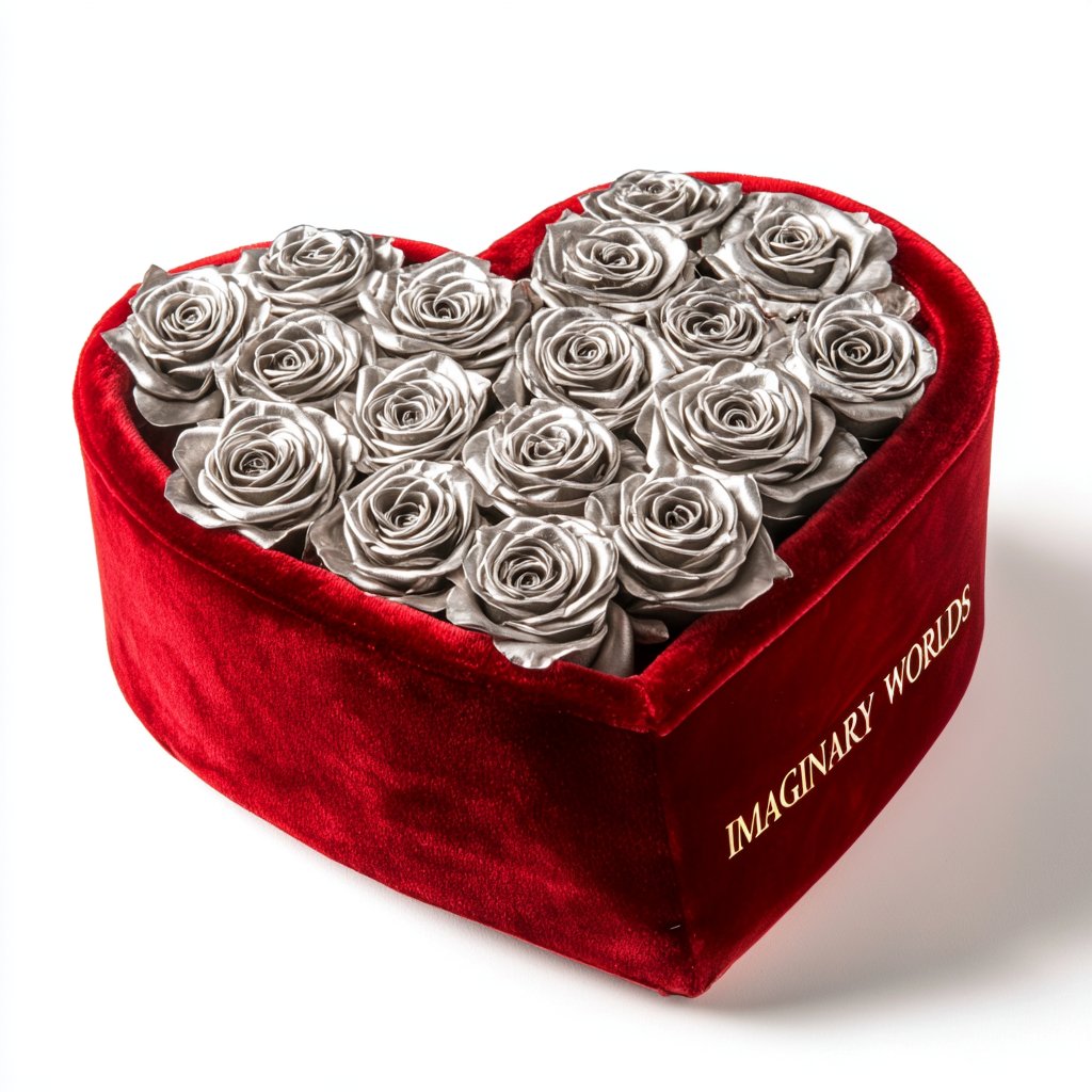 Silver Forever Roses in Heart - Shaped Velvet Box - Imaginary Worlds