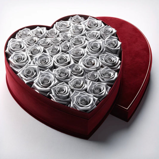 Silver Forever Roses in Heart-Shaped Velvet Box - Imaginary Worlds