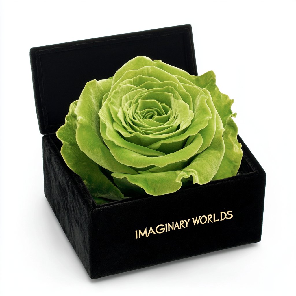 Single Apple Green Rose Silk Box - Imaginary Worlds