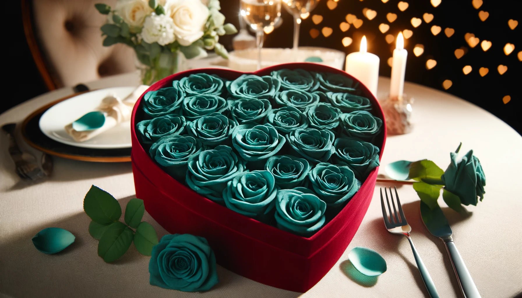 Teal Forever Roses in Heart-Shaped Velvet Box - Imaginary Worlds