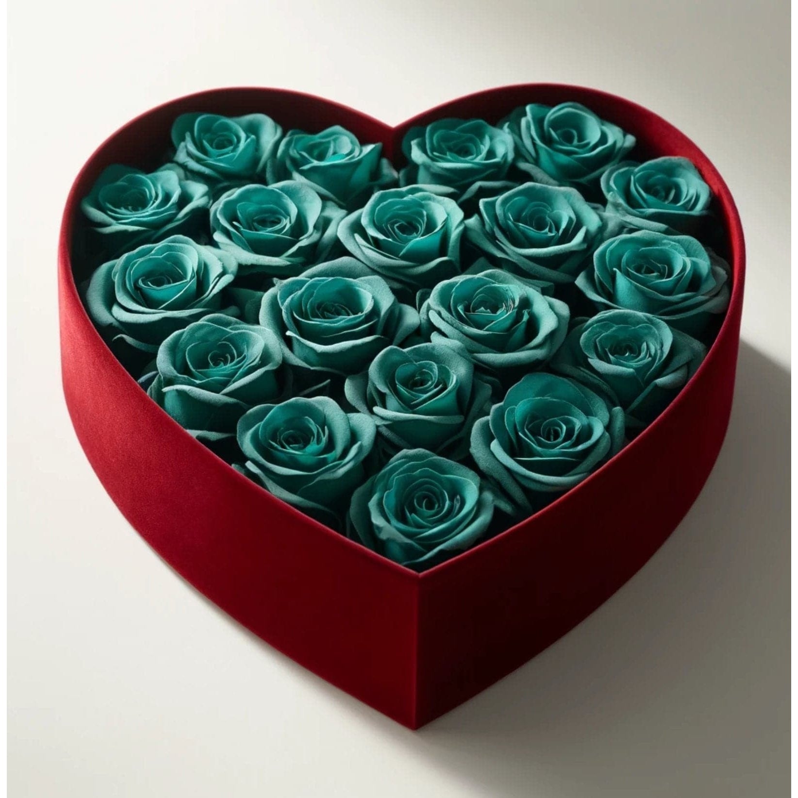 U Shape Roses Teal Forever Roses in Heart-Shaped Velvet Box – Preserved Roses at ...