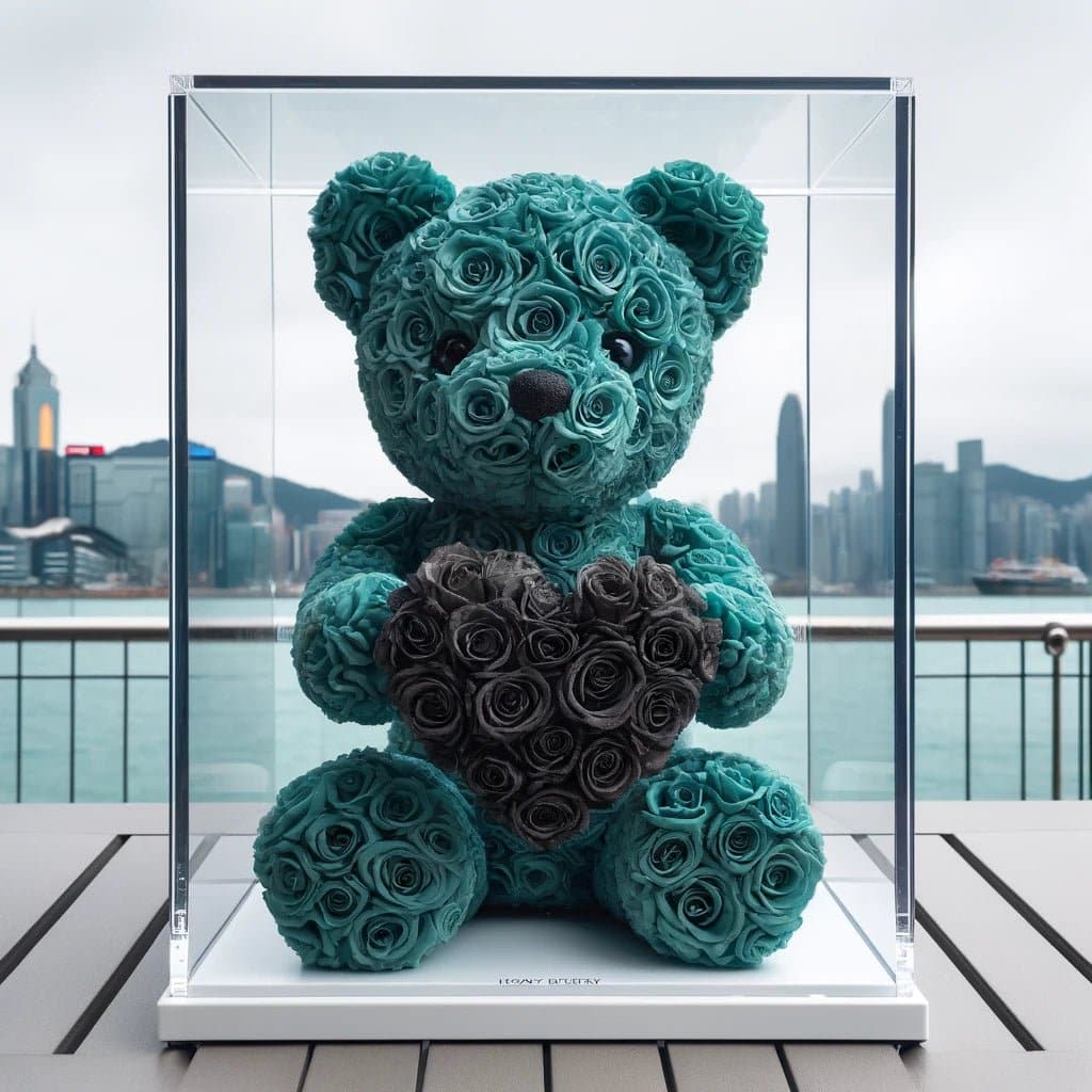 Teal Rose Bear with Black Roses Heart - Imaginary Worlds