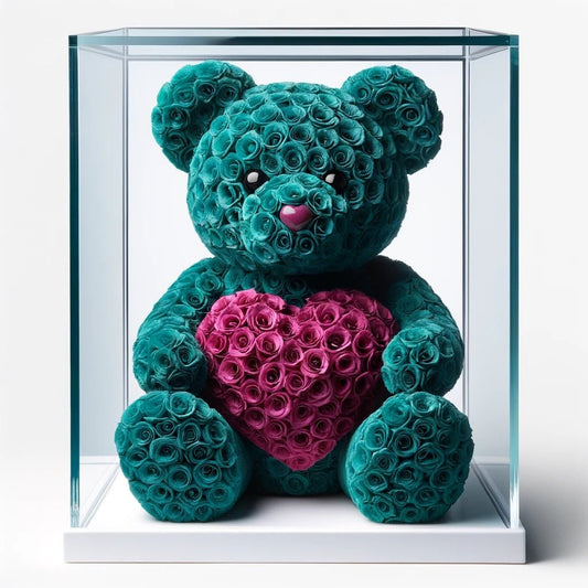 Teal Rose Bear with Magenta Roses Heart - Imaginary Worlds