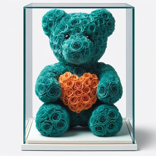 Teal Rose Bear with Orange Roses Heart - Imaginary Worlds