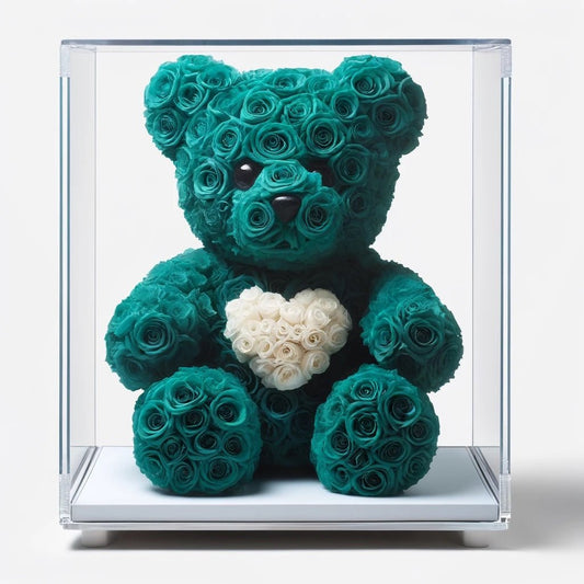 Teal Rose Bear with White Roses Heart - Imaginary Worlds