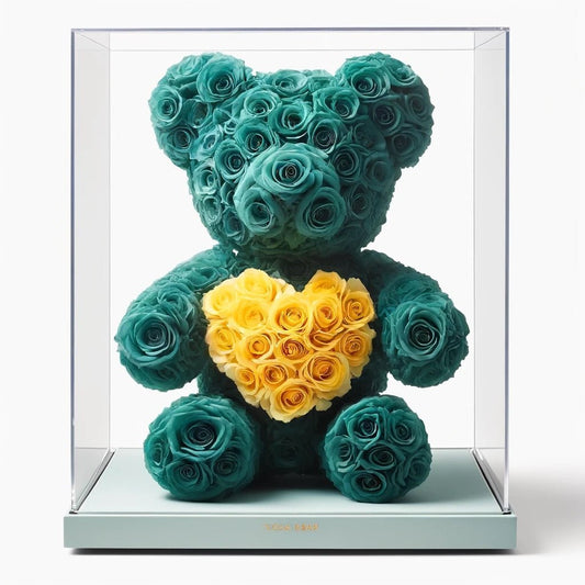 Teal Rose Bear with Yellow Roses Heart - Imaginary Worlds