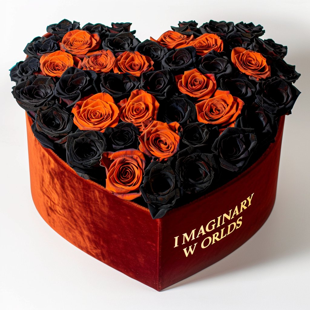 Twilight Glow Roses in Heart - Shaped Black Box - Imaginary Worlds