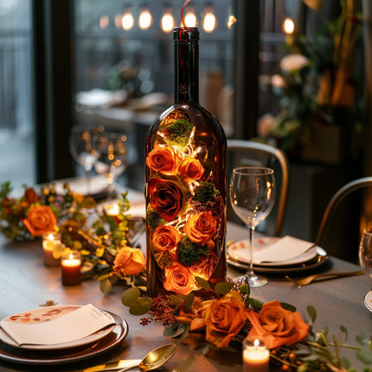 Vibrant Orange and Red Rose Preserved Flower Wine Bottle - Imaginary Worlds