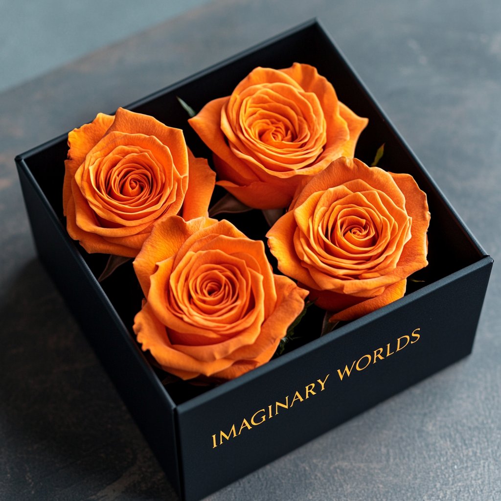 Vivid Orange Forever Roses in Black Velvet Box - Imaginary Worlds