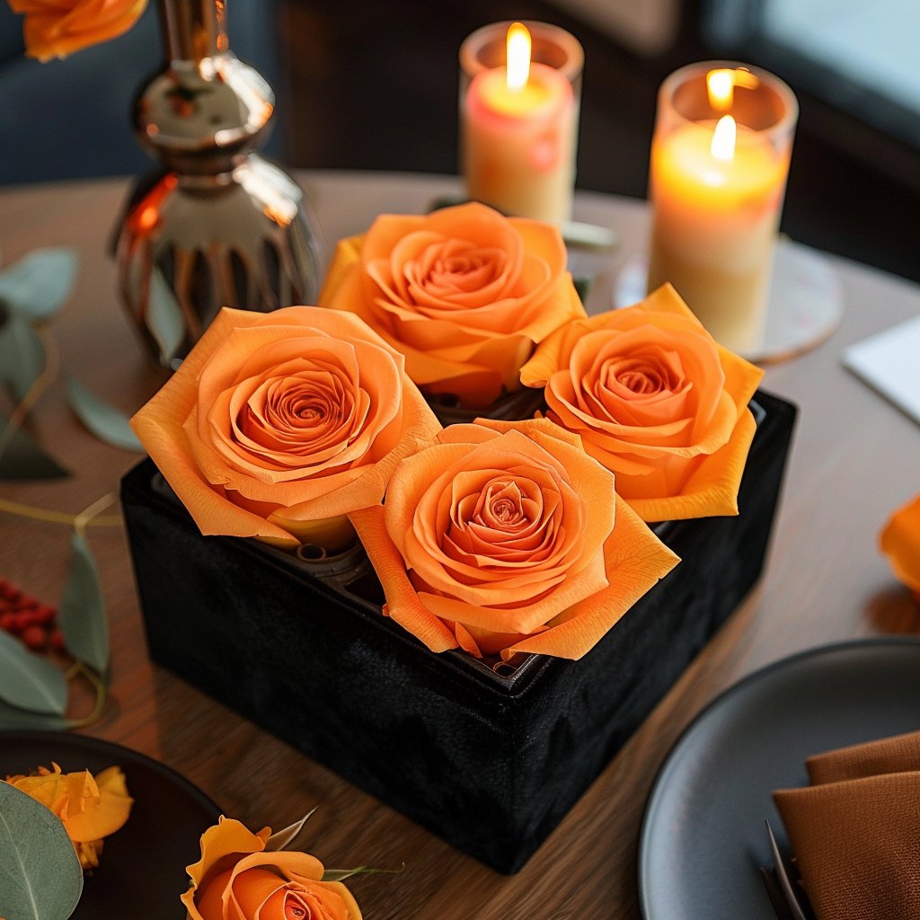 Vivid Orange Forever Roses in Black Velvet Box - Imaginary Worlds