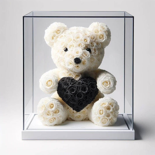 White Rose Bear with Black Roses Heart - Imaginary Worlds