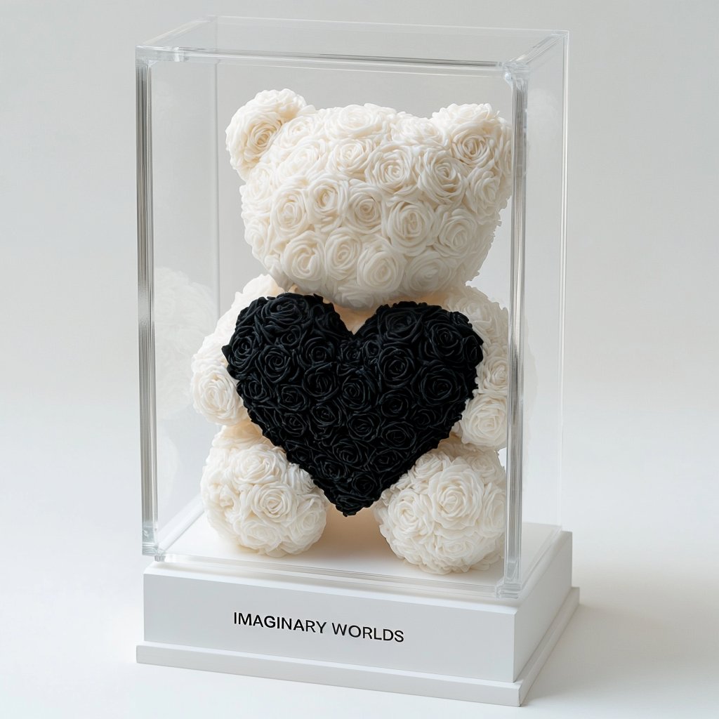 White Rose Bear with Black Roses Heart - Imaginary Worlds