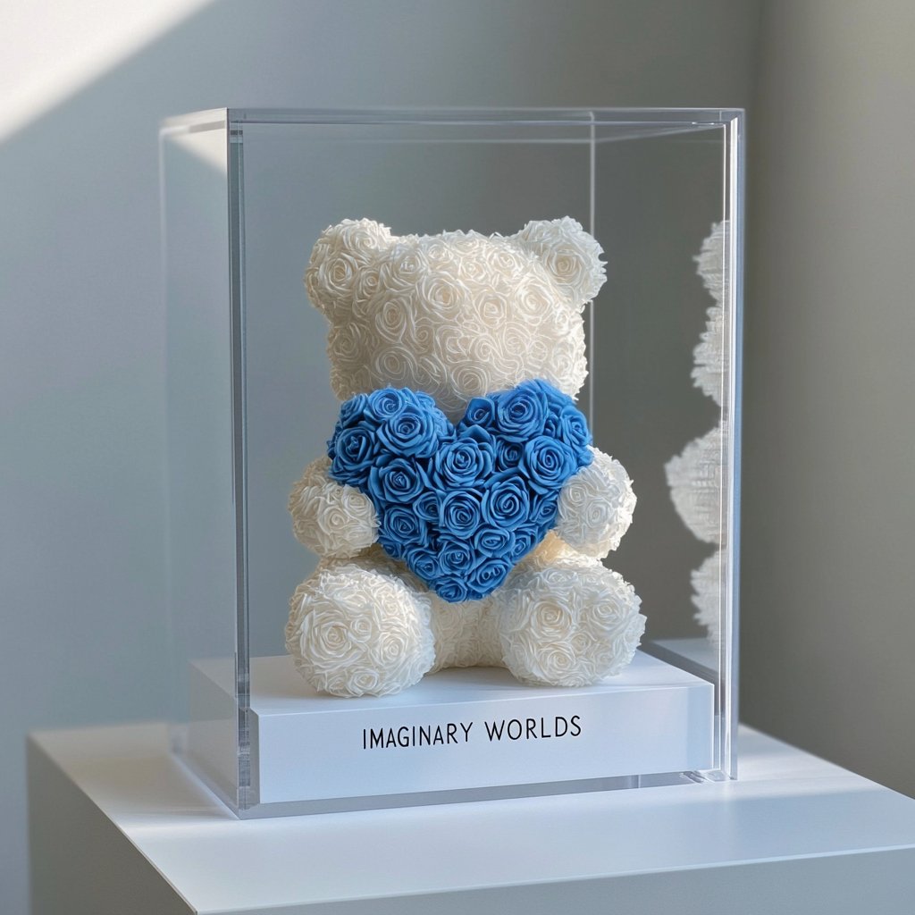 White Rose Bear with Blue Roses Heart - Imaginary Worlds