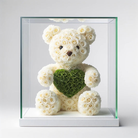 White Rose Bear with Green Roses Heart - Imaginary Worlds