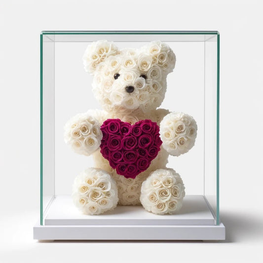 White Rose Bear with Magenta Roses Heart - Imaginary Worlds