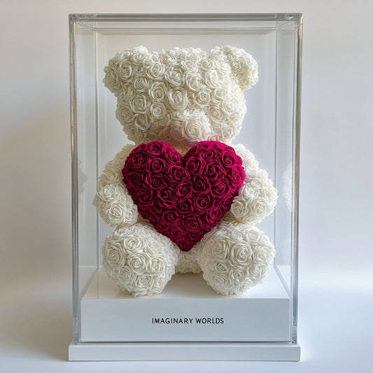 White Rose Bear with Magenta Roses Heart - Imaginary Worlds