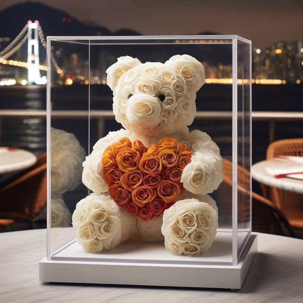 White Rose Bear with Orange Roses Heart - Imaginary Worlds