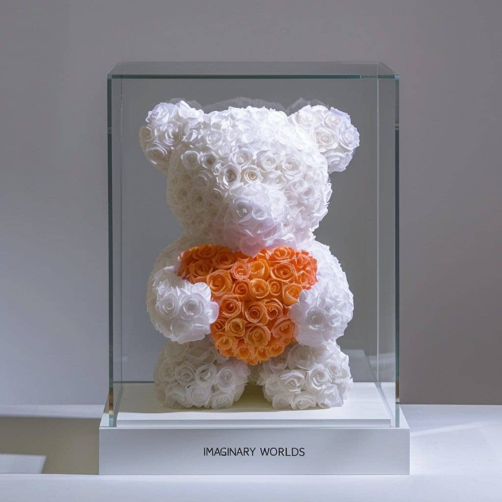 White Rose Bear with Orange Roses Heart - Imaginary Worlds